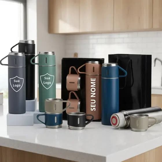 Kit 50 Garrafa Térmica 2 Xícaras Personalizado Nome Logo