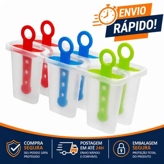 Forma de Picolé 6 Cavidades BPA Free Colorida Reutilizável Faz Sorvete Caseiro Infantil com Palitos