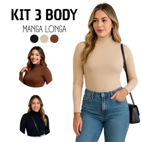Kit Body Feminino Suplex Com 3 2 Manga Longa Comprida Segunda Pele Premium Gola Cacharrel Inverno