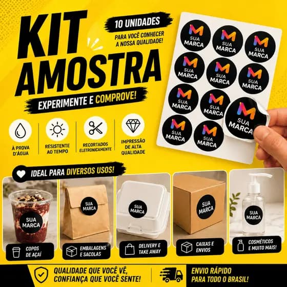 Kit Amostra 10un Adesivos Personalizados com Sua Logo 4x4cm Vinil Premium Etiqueta à Prova d’Água