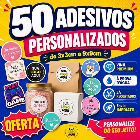 50 Adesivos 3cm até 9cm Personalizados Em Vinil À Prova D'água Já Recortados Sua Logo Embalagens