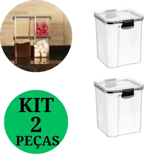 Kit 2 Potes Hermético Plástico Empilhável Quadrado Resistente 1 Litro