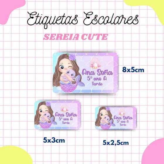 Kit Etiqueta Escolar Sereia Cute l Adesivos Escolar l Etiquetas Personalizadas l Material Escolar l Volta as Aulas