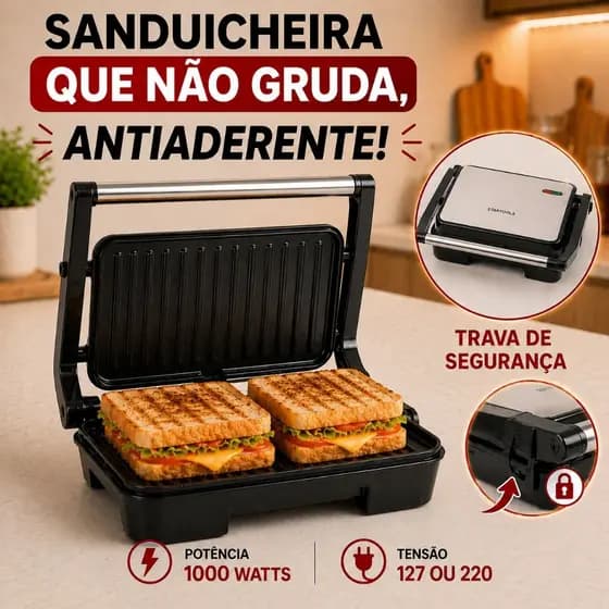 Sanduicheira Grill Elétrica 1000W Inox Antiaderente Compacta 127V Prática,Rápida e Fácil de Limpar