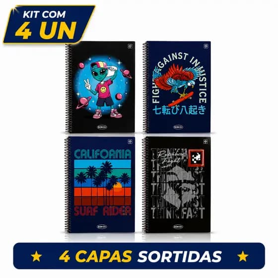 kit com 4 Cadernos Masculinos Capa Dura 1 Matéria 80 Folhas.