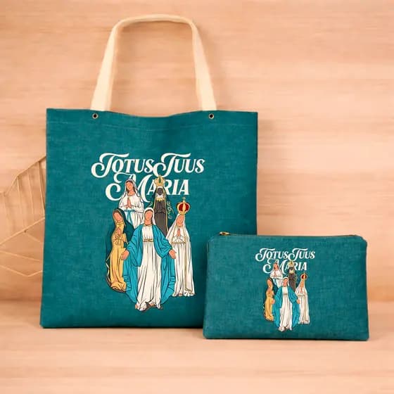 Kit Bolsa Sacola Ecobag e Necessaire Linho Saturno Exclusivo Totus Tuus Maria Catolico Envio Imediato