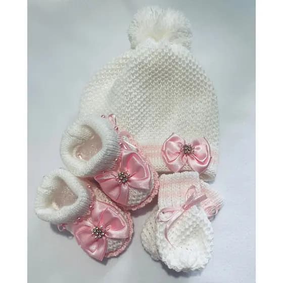 Kit Tricô Bebê RN - Touca, Luvas e Sapatinho Branco c/ Rosa / Enxoval, Maternidade, Inverno, Saída Maternidade