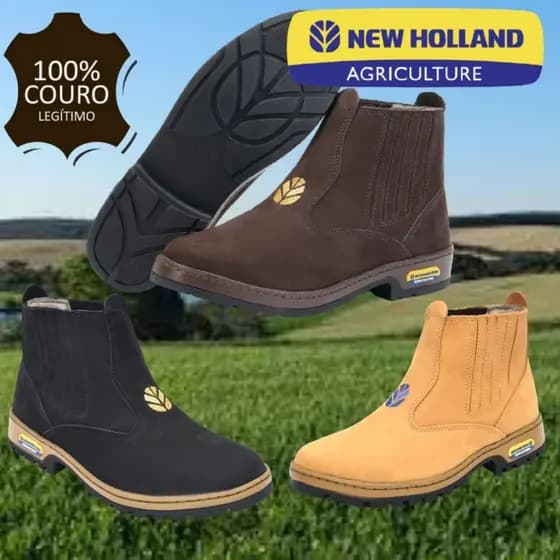 BOTINA NEW HOLLAND COURO NOBUCK LEGITIMO MASCULINA E FEMININA AMAREL MARROM E PRETA