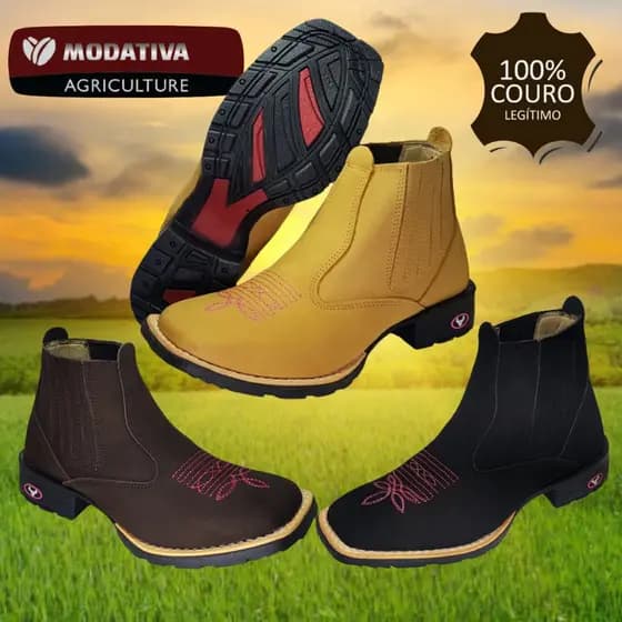 Botina Country Feminina Texana Couro Nobuck Legitimo Cano Médio Western Marrom Amarela e Preta