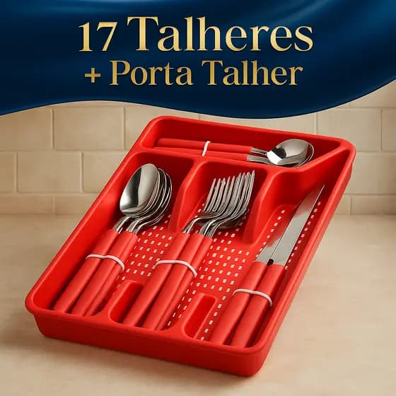 Conjunto de Talheres 17 Peças com Porta Talher Vermelho Completo Durável