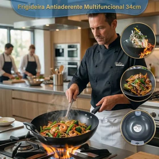 Frigideira Indução Antiaderente 34cm Multifuncional Preta Alumínio Cabo Baquelite Resistente Fogao