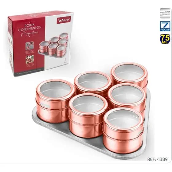 Kit 6 Porta Tempero Porta Condimento Inox Magnético Com Imã Para Geladeira e Suporte