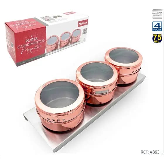 Kit 3 Porta Tempero Porta Condimento Inox Magnético Com Imã Para Geladeira e Suporte
