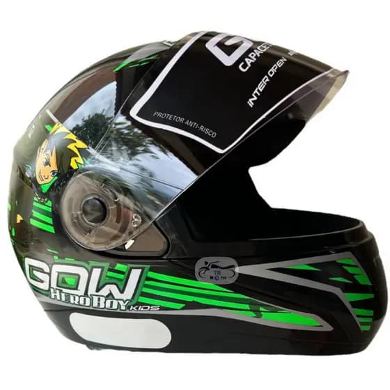 Capacete Masculino Infantil Moto Gow Kids Tamanho 54 Preto/Verde