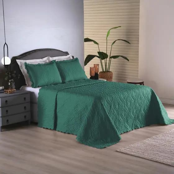 Colcha Queen Verde Dupla Face Com Porta Travesseiro 3Pçs