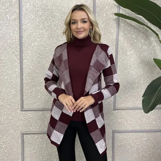 Cardigan Feminino Tricot Casaco Elegante Kimono Xadrez Outono Inverno