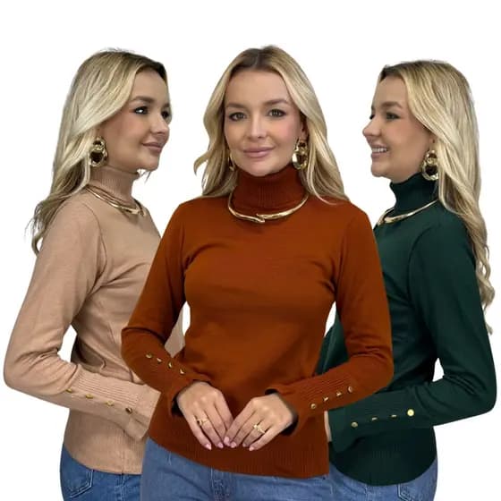 Kit 3 Blusa de Frio Feminina Tricô Cacharrel Suéter Gola Alta Tricot Inverno