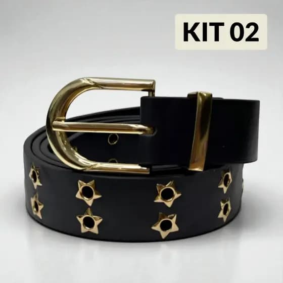 KIT 02 Cinto Couro Pu Com Detalhe Ilhós Estrela Dourada Estiloso Feminino Para Festa