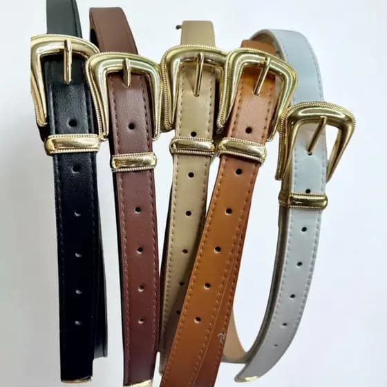 Cinto Feminino Em Couro Pu Fivela Dourada Casual Ajustável Moda Simples