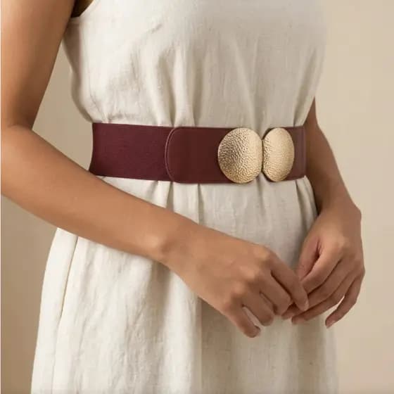 Cinto Feminino Elástico com Fivela Redonda Dourada Metalizada para Vestidos e Looks Elegantes