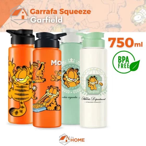 Garrafa de Água Squeeze Garfield 750ml Criança Adulto Escola Creche Viagem Passeio Sem BPA
