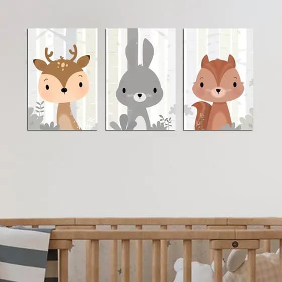 quadros com animais bichinhos fofos para decoração quarto infantil tons cinza coelho hena florestas minimalistas 20x30cm