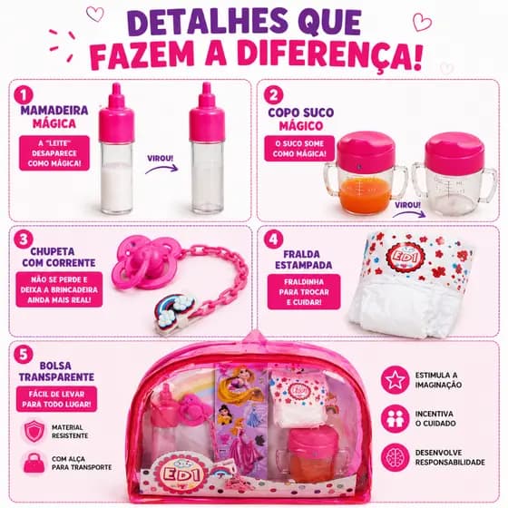 Kit Bolsa Rosa Acessórios Bonecas Reborn peq. Fralda Mamadeira Chupeta Prendedor Brinquedos infantil