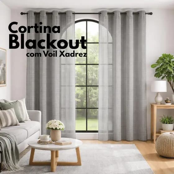 Cortina Blackout Com Voil Xadrez 2,80 x 2,30m Sala Quarto 16 Ilhoses Sala Quarto Para Varão Simples