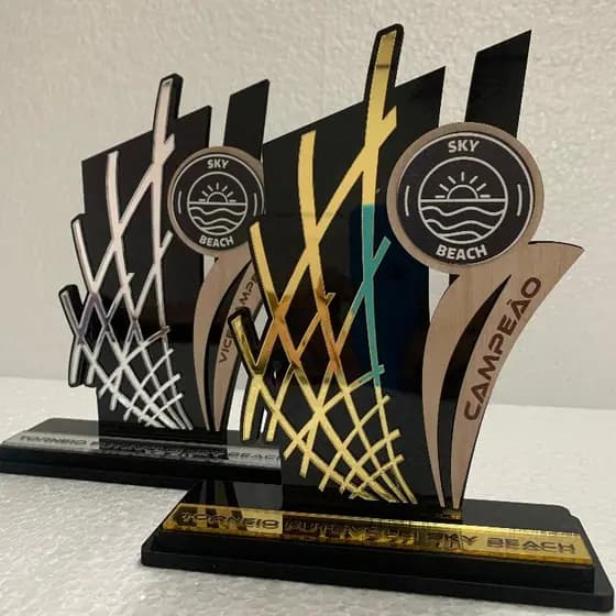 Kit 7 Troféus Em MDF Com Acrílico Espelhado Personalizado Para Futevôlei Vôlei Beach Tennis