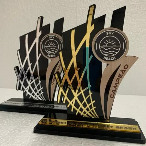 Kit 4 Troféus Em MDF Com Acrílico Espelhado Personalizado Para Futevôlei Vôlei Beach Tennis