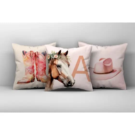 Kit 3 Capas de Almofada Cavalo Rosa Boiadeira com Inicial do Nome