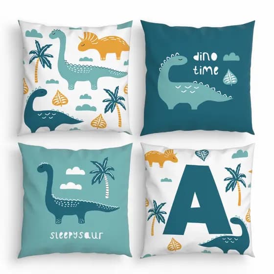 4 Capas para Almofadas Decorativas Dino Cute 052 com Inicial do Nome