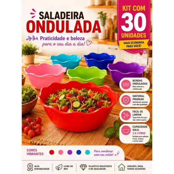 Kit 30 Saladeira Ondulada 2,5 Litros BPA Free Plástico Resistente Fruteira Bowl Grande Multiuso