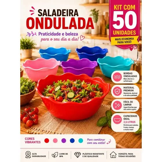 Kit 50 Saladeira Ondulada 2,5 Litros BPA Free Plástico Resistente Fruteira Bowl Grande Multiuso