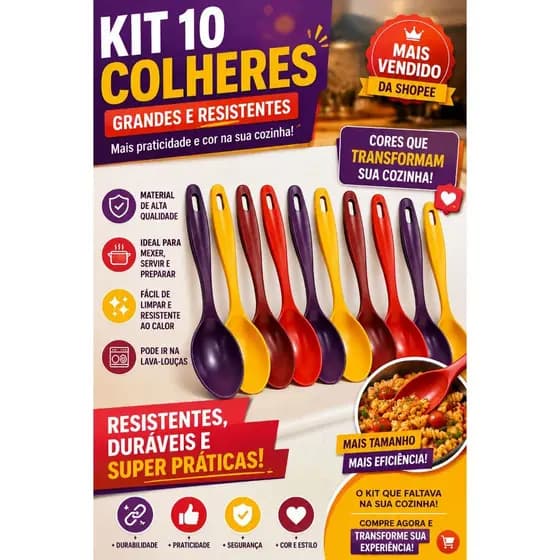 Kit 10 Colheres Multiuso BPA Free Resistente Pode Ir ao Micro-ondas e Geladeira Arroz