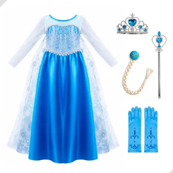 Fantasia Frozen Elsa Vestido Com Coroa Cabelo Trança E Varinha Completa Infantil Festa Halloween
