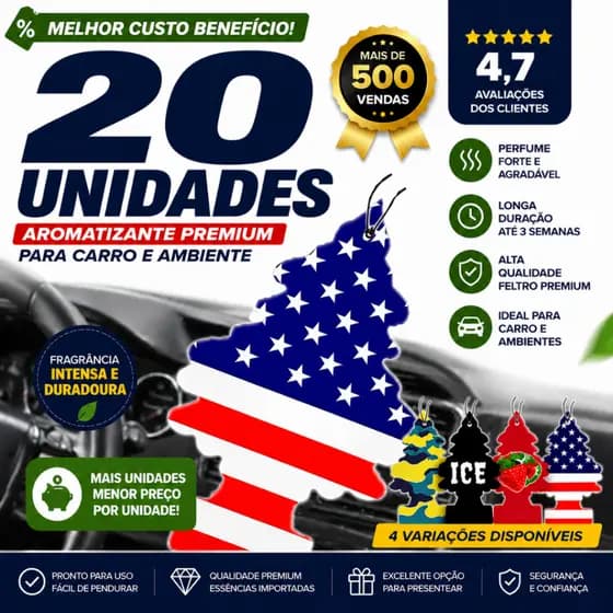 Kit 20 Unidades Aromatizante Automotivo Cheirinho para Carro Longa Duração Perfume Forte Premium