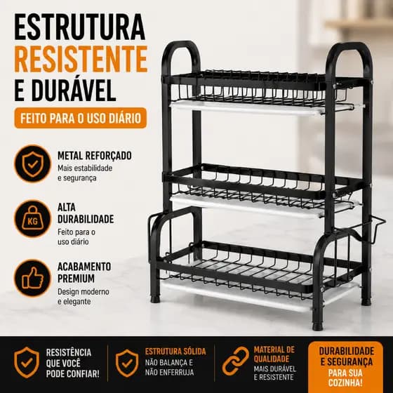 Escorredor De Louças 3 Andares Preta