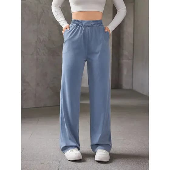 REF: ADD8949 - Calça de moletom feminina casual de corte reto com cós elástico e botões decorativos na cintura. Levement