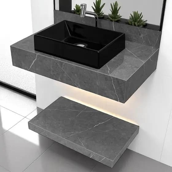 Kit Completo Bancada Cuba Sobreposta Banheiro Gran Marmi Grafite Lux em Porcelanato