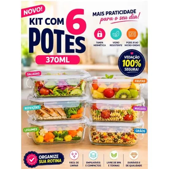 Pote De Vidro Retangular Com Tampa Hermética Kit 6 Unidades 370ML