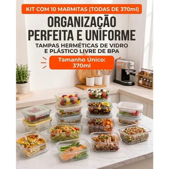 Kit 10 Potes De Vidro Retangular Com Tampa Hermética 370ml