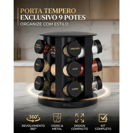 Porta Condimentos Temperos Giratório 9 Potes De Vidro