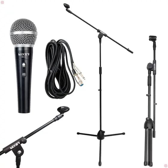 Microfone Com Cabo 3M + Pedestal Para Igrejas Palestras Karaoke Shows