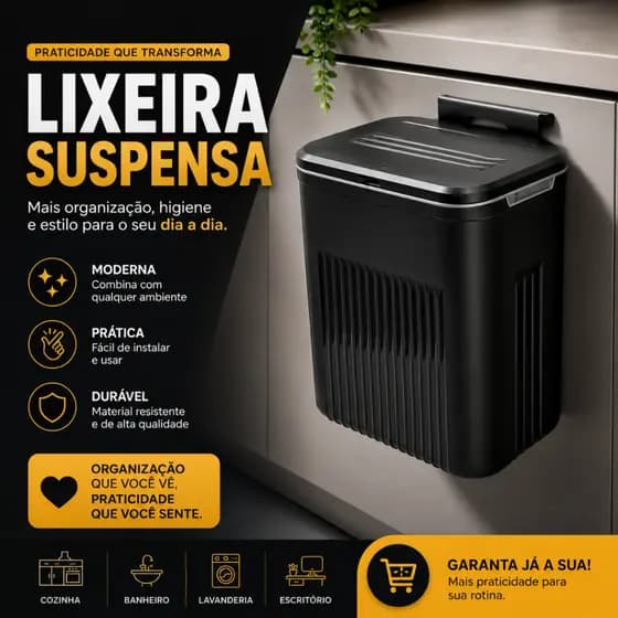 Lixeira Suspensa 9L Preta Com Tampa Para Cozinha Banheiro Lavanderia Organizador Compacto