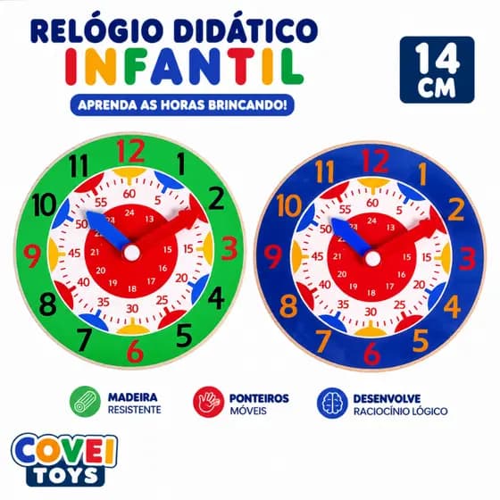 Relógio Pedagógico Infantil 14cm MDF Material Educativo Para Aprender Horas Brincando