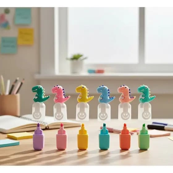 Mini Marca Texto em Forma de Dinossauro Fofo com 6 UNIDADES Marca Texto Multiuso com Suporte de Pendurar - HE59826
