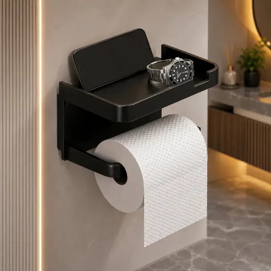 Suporte Papel Higiênico Adesivo Preto Banheiro com Prateleira Porta Celular lenço umidecido