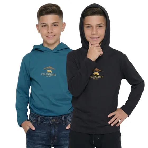 Kit 2 Camisetas Infantil Juvenil Manga Longa Com Capuz Algodão Leve Meia Estação Blusa Menino 12 ao 16