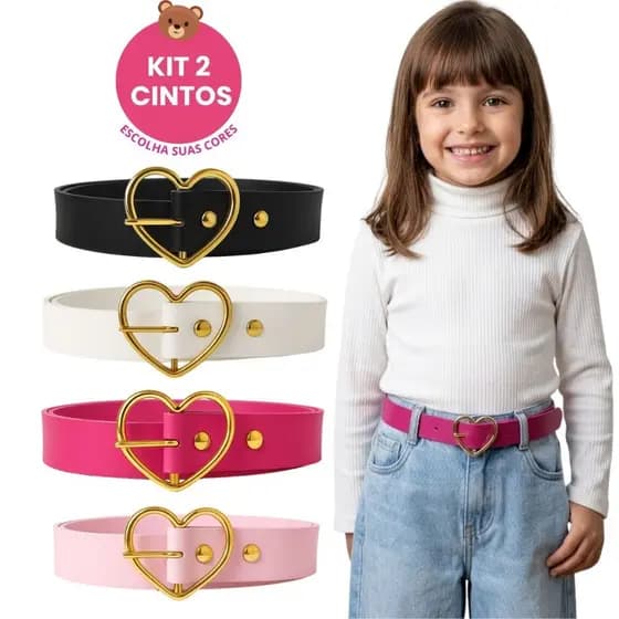 Kit 2 Cintos Infantil Menina Fivela Coração Dourado Blogueirinha Ajustável Cinto Feminino Kids